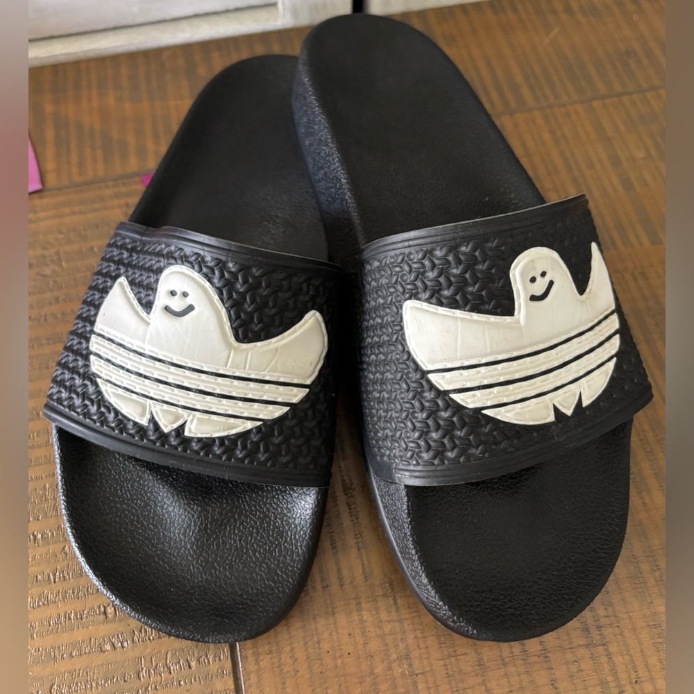Adidas Shmoofoil Ghost Blue Bird Slides Black/White Men's Sz 6 - Picture 5 of 11